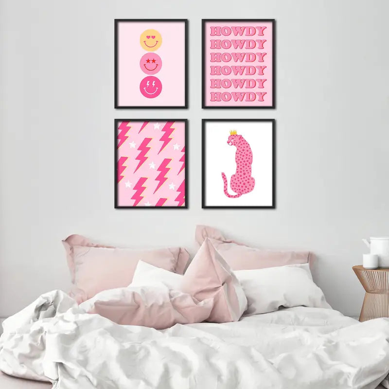 4pcs Aesthetic Hot Pink Wall Art for Teen Girls Room