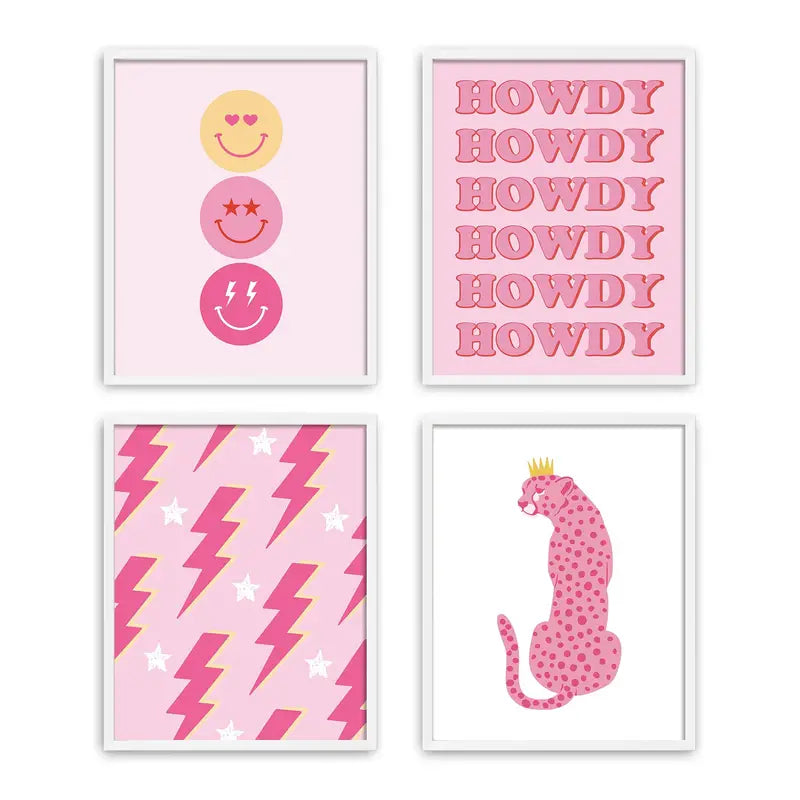 4pcs Aesthetic Hot Pink Wall Art for Teen Girls Room