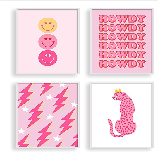 4pcs Aesthetic Hot Pink Wall Art for Teen Girls Room
